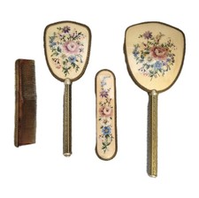 Vintage 4-Piece EMBROIDERED VANITY SET Mirror Brush Comb