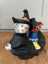 TkMaxx Halloween Witch & Jack-O-Lantern On Broom Ceramic Figurine Decor 15x14cm
