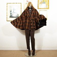 Vintage 1970s Wool Check Cape Brown and Rust Tones Belted Mid-Length Outerwear
