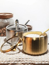 Stainless Steel 300ml Sugar Bowl with Glass & Lid Spoon For Coffee, Tea & Spices