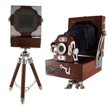 Vintage Old Camera with Wooden Tripod Stand Antique Style Desk/ Table Top Decor