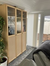 3 Billy Bookcases. Good Condition. Light Pine Doors &Interior. Half Glass Doors.