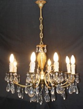 A VINTAGE FRENCH CHANDELIER 8 ARM BRASS CEILING LIGHT WITH CRYSTALS (OT30)
