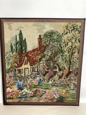 Vintage Wall Hanging - Needlepoint Tapestry - Thatched Cottage In Garden - 21”