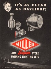 Vintage Miller Cycle Dynamo Lighting Sets Advert - Original 1953