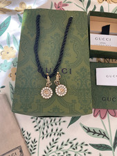 Women’s Gucci Gold Diamond Pearl Hoop Earrings  With Box! Gift Bag Ribbon & Card