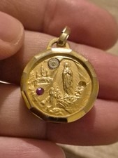 Rare Gold Plate Religious Medal Pendant Our Lady Of Lourdes Diamond Ruby Relic