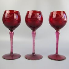 Ruby Red Wine Glasses x 3. Hock Champagne Cocktail. Etched. 1950s vintage. 200ml