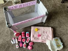 Tiny Treasures Doll Travel Cot Play Pen Pink Bunny Blanket Bottles Nappies