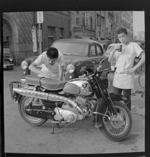 Two Young Japanese Men with Honda Motorcycle in Japan 1950's Negative C1