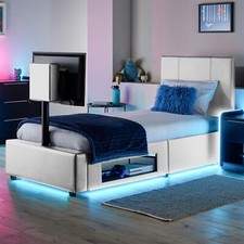 AVA Upholstered Leather TV Bed Frame Storage LED Lights 3ft 4ft 4ft6 5ft WHITE