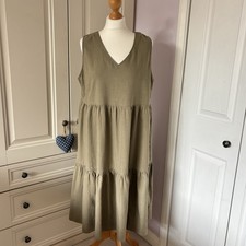 Khaki Green Linen Blend Sleeveless V-Neck Tiered A-Line Dress UK 16 by TU