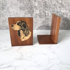 Pair Vintage Wooden Bookends Spaniel Dog Design Farm House