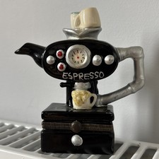 Espresso Machine Teapot Style Small Trinket / Pill Box Ceramic Novelty Coffee