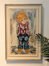 Vintage Big-Eyed Child Painting – Oil on Canvas – Croydon Galleries 14" x 21.5"