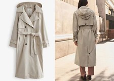 Ladies Stone Beige Shower Resistant Trench Mac Jacket Coat Hooded 10 12 14 16 18
