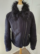 New Look Faux Suede Coat/Jacket Fur Collar Fleece Lined In Black - Size 10