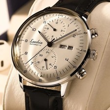 Vintage Automatic Chronograph Watch Men’s Bauhaus Design Leather Strap Luxury