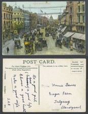 London Old Colour Postcard Regent Street Scene, Shops Horse Carts Carriages TRAM