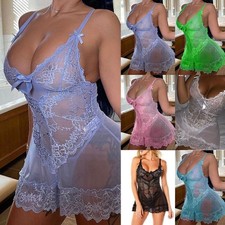 PLUS SIZE Womens Sexy Lace Nightdress See Through Lingerie Babydoll Nightwear
