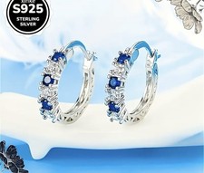 sterling silver 925 hoop earrings with blue and clear cubic zirconia stones