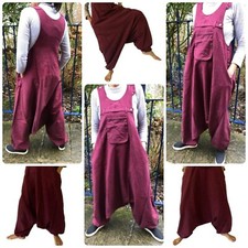 Unisex Plain Hemp Cotton Drop Crotch Harem Dungarees Festival Overalls Jumpsuit