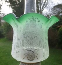 SUPERB ANTIQUE VERITAS TULIP GREEN ACID ETCHED DUPLEX OIL LAMP SHADE