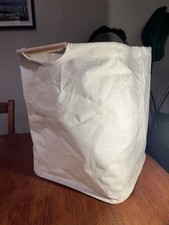 Canvas Wire Laundry Hamper Storage Basket Wooden Handles Foldable VGC