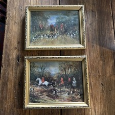 Vintage Pr Of Framed Hunting Scene Prints Decorative Wall Art 18.5 X 23 Cms