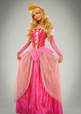 Adult Womens Deluxe Long Pink Princess Aurora Sleeping Beauty Style Costume