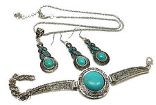 Tibetan Silver Blue Turquoise Pendant Necklace Bracelet Earrings Jewelry Womens