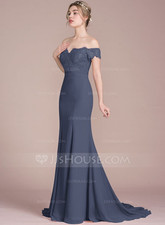 Trumpet/Mermaid Off the Shoulder Court Train Lace Chiffon Bridesmaid Dress