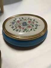 VTG Framecraft Porcelain Trinket Box Blue with Cross Stitch Lid Rose UK