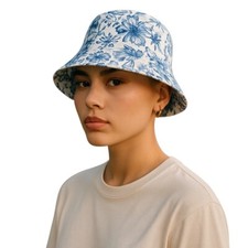 Primark Reversible Bucket Hat Womens OS Blue Floral Sun Cap Summer Casual NWT