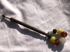 Antique Wood Lace Bobbin Pewter Rings Coloured Glass Beads Spangles