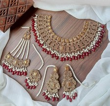 Pakistani Indian Desi Tradition Necklace Set In Gold Champagne With Red Beads