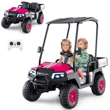 COSTWAY 24V 7AH Kids Golf Cart 4WD 2 Seater Ride on Car w/Sun Shade-Pink