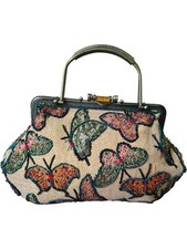 Women's Beige Vintage Beaded Butterfly Handbag with Metal Frame and Handle PPWH