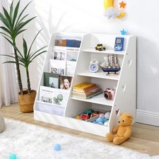 White 4-Tier Kids Wooden Bookshelf 5 Layer Sling Bookcase,Baby Storage Book Rack