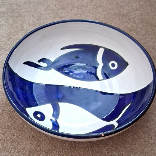 Ceramic oval bowl white blue - bowl, &