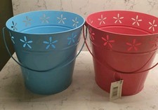 Pair of tin buckets, pink & blue - planter idea - 7.3" 18.5cm