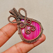 Banded Agate Gemstone Copper Wire Wrapped Handmade Jewelry Pendant 2.36'