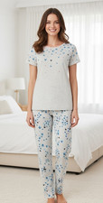 Ladies Marks Cotton Rich Pyjamas Set Grey Blue Butterflies Full Length Size 6