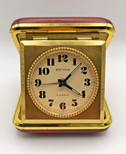 1970s Estyma Folding Travel Alarm Clock Leather Case Made in Germany Red