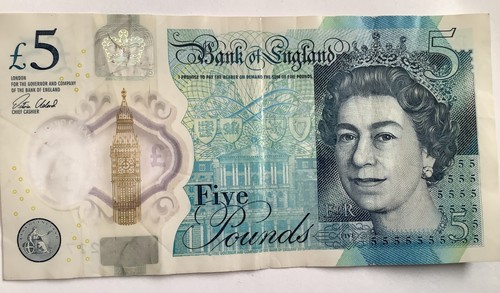 Five pounds banknote 5 - five, banknote.