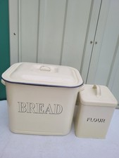 Vintage Enamel Cream & Grey Bread Bin With Flour Jar