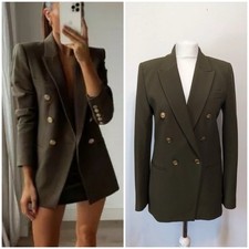 ZARA Khaki Double Breasted Gold Button Blazer Jacket Size M