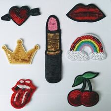 Embroidered Sequin Iron-on Sew-on Fabric Applique Patch Cherries Lips Badge UK 