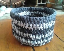 Small Upcycled Handmade Amish Knot Rag Rug Basket - white, grey and black