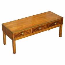 LOVELY RESTORED BURR WALNUT & BRASS MILITARY CAMPAIGN THREE DRAWER COFFEE TABLE